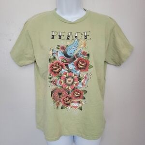Full Tilt XL Green Short Sleeve T-shirt Graphic Tee Tattoo Bird Love Rose Y2K